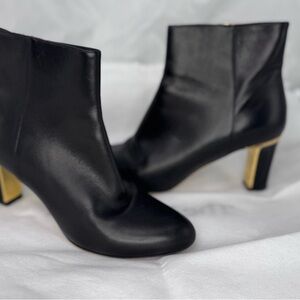 Women's Black Leather Ankle Boots with Gold Block Heel